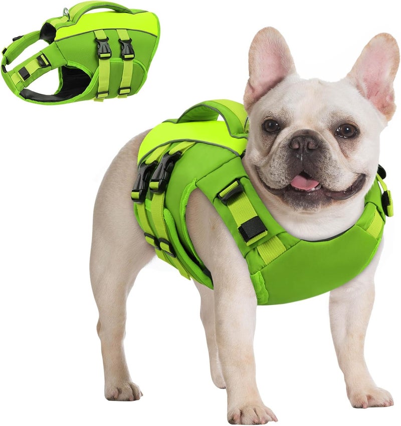 Queenmore Small Dog Life Jacket,Small Dog Life Vest for Swimming,Adjustable Reflective Dogs Swimming Vest,High Buoyancy Dogs Lifesaver,Pet Life Preserver(Green,S) - Image 1